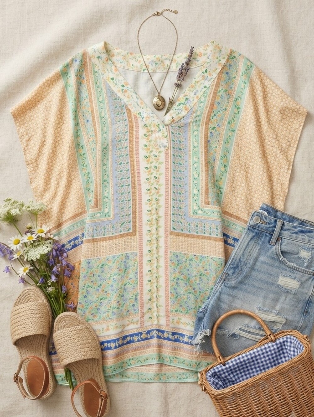 Rose + Olive Floral Print Vneck Short Sleeve Blouse